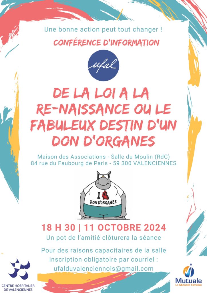 [Ufal du Valenciennois] Conférence d’information sur le don d’organes, 11 octobre, 18h30, Valenciennes @ Maison des Associations de Valenciennes, salle du Moulin, rdc, 84 rue du faubourg de Paris