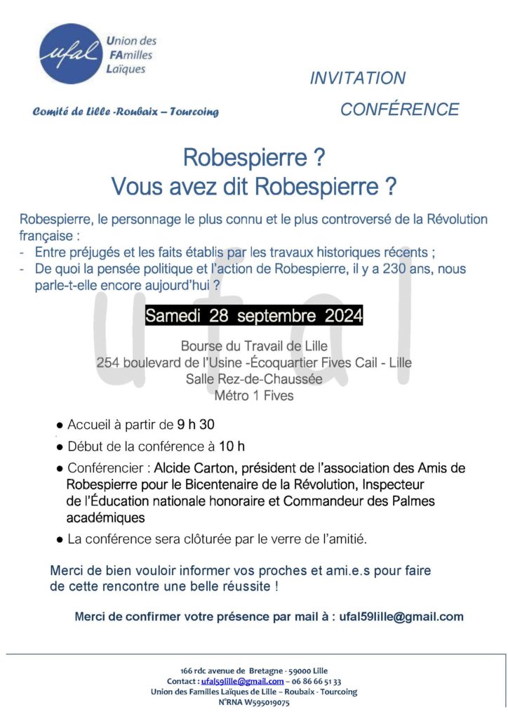 [Ufal LRT] Conférence "Robespierre", 28 septembre, Lille, 9h30 @ Bourse du Travail - LIlle