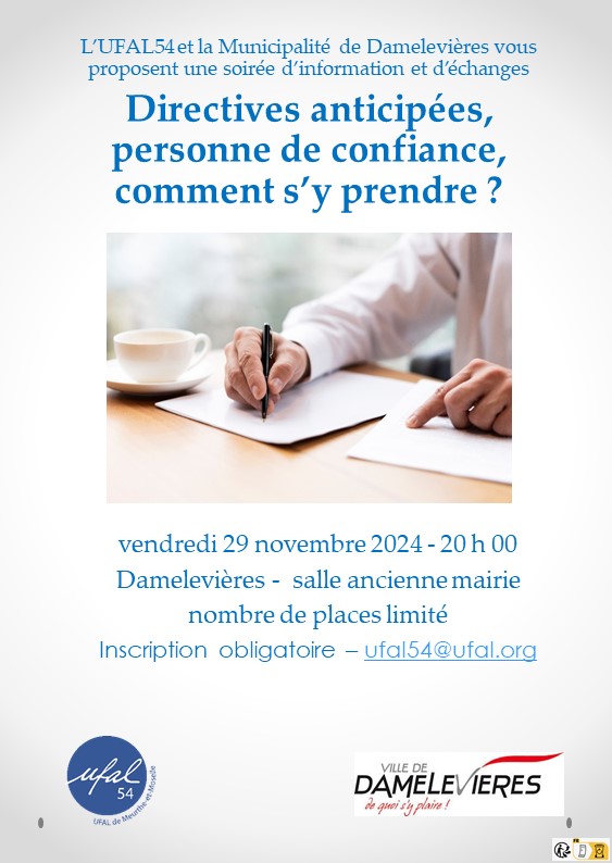 [Ufal Meurthe-et-Moselle] Directives anticipées, personne de confiance, comment s'y prendre ? 29 novembre, 20h @ Salle ancienne mairie - Damelevières