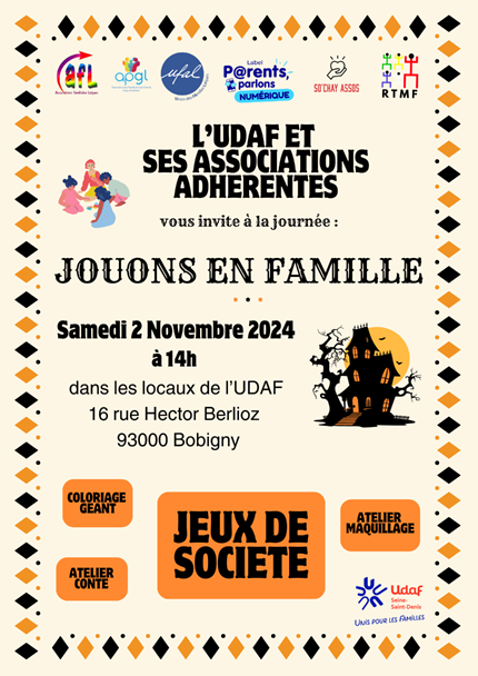 [Ufal.sde] Jouons en famille, 2 novembre, Bobigny @ Udaf 93, 16 rue Hector Berlioz, 93000 Bobigny