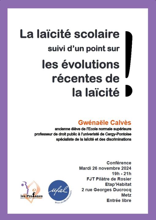 [Ufal Moselle] Conférence "La laïcité scolaire", 26 novembre, 19h, Metz @ 2 rue Georges Ducrocq, Metz