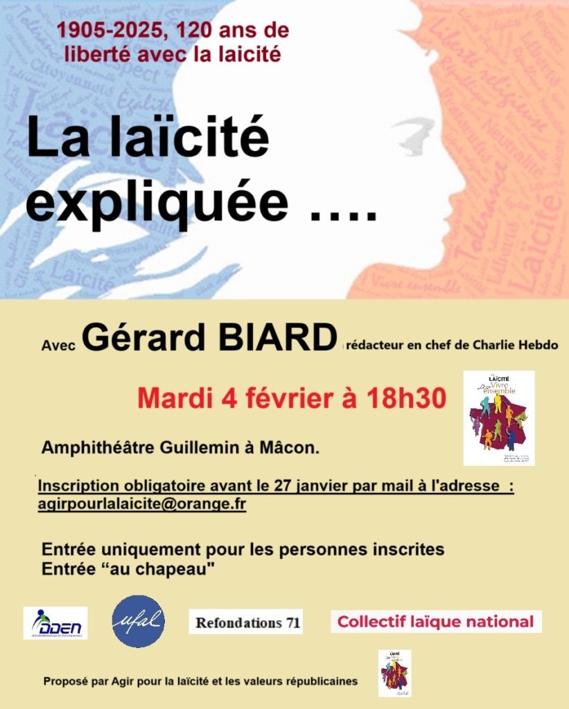 [Ufal Saône-et-Loire] Conférence avec le rédacteur en chef de Charlie, "La laïcité expliquée...", 4 février, 18h30, Mâcon @ Amphitéâtre Guillemin, Mâcon