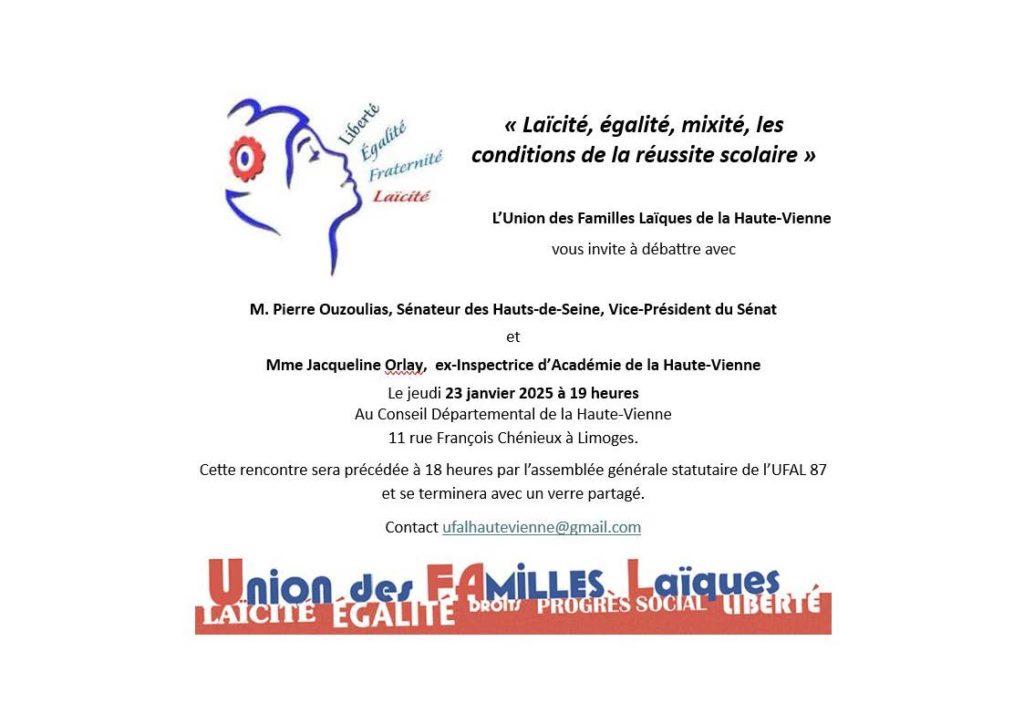 [Ufal Haute-Vienne] Débat "laïcité, égalité, mixité" avec P. Ouzoulias, 23 janvier, 19h, Limoges @ Conseil départemental de la Haute-Vienne, 11 rue François Chénieux, Limoges