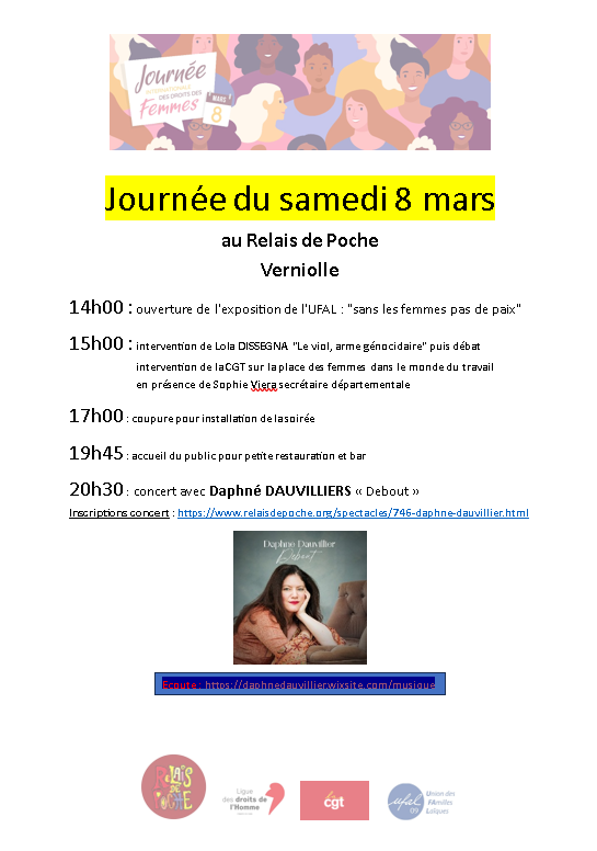 [Ufal Ariège] Journée droits des femmes, 8 mars, expo, conférence, concert, Verniolle @ Relais de poche, 2 rue de la République - 09340 Verniolle