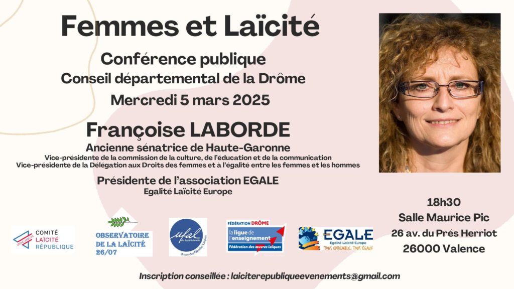 [Ufal Pays Drômois] Journée droits des femmes, conférence avec F. Laborde "Femmes et laïcité", 5 mars 18h30, Valence @ Conseil départemental de la Drôme, salle Maurice Pic